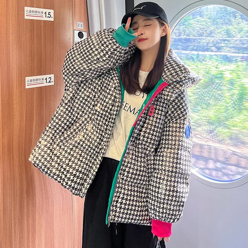 Parka à capuche en coton jetable pour femmes, vêtements d'hiver, Harajuku, plaid, ample, streetwear