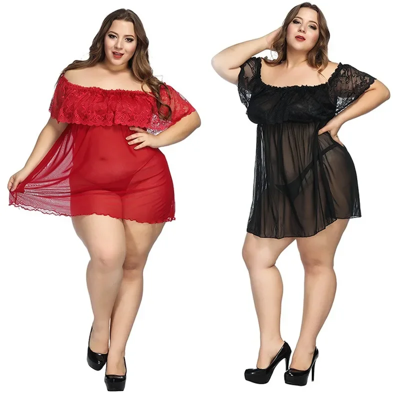 

XL~5XL Plus Size Lace Chiffon Robe, Sheer Loungewear, Red Sexy Clothing, Erotic Set with Thong. sexy female lingerie. lingerie