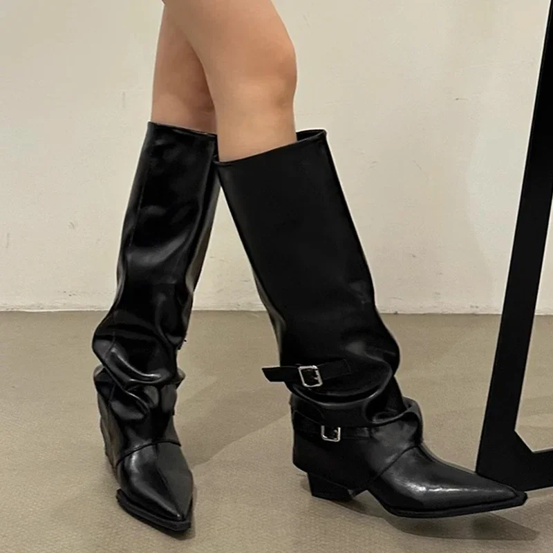 Pointed Toe Women High Boots Mid Heels Sexy Chelsea Botas Knee High Fashion Winter Shoes 2024 Trend Designer Goth Botas De Mujer