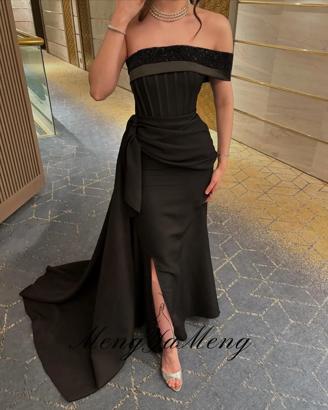 ZHUISHU فستان سهرة أسود بكتف واحد مع خرز مخصص من الساتان السعودي طويل للحفلات الراقصة فستان رسمي للمناسبات لحفلات الزفاف #4