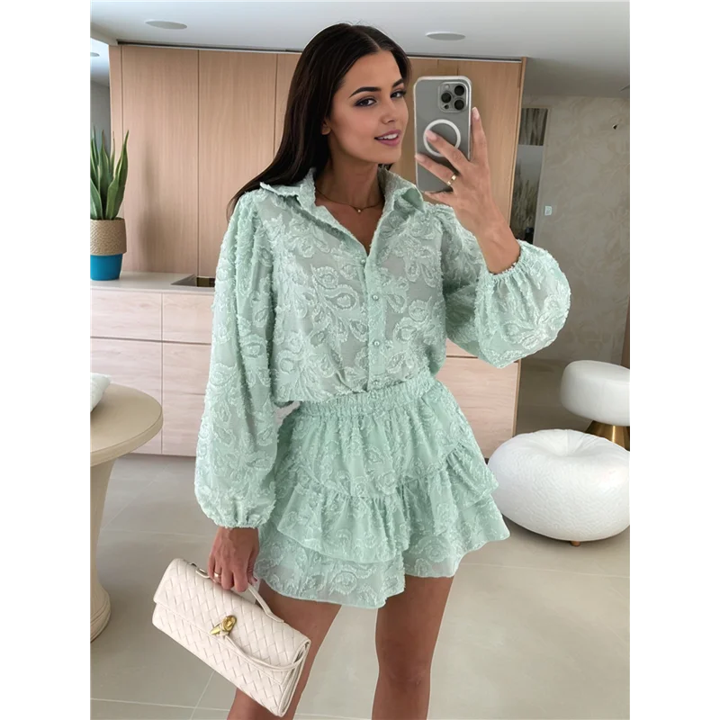 ABRT-Damen 2-teiliges Spitzenbluse-T-Shirt-Oberteil, figurbetonte Shorts, Party, Clubwear, Trainingsanzug, Outfits-Set