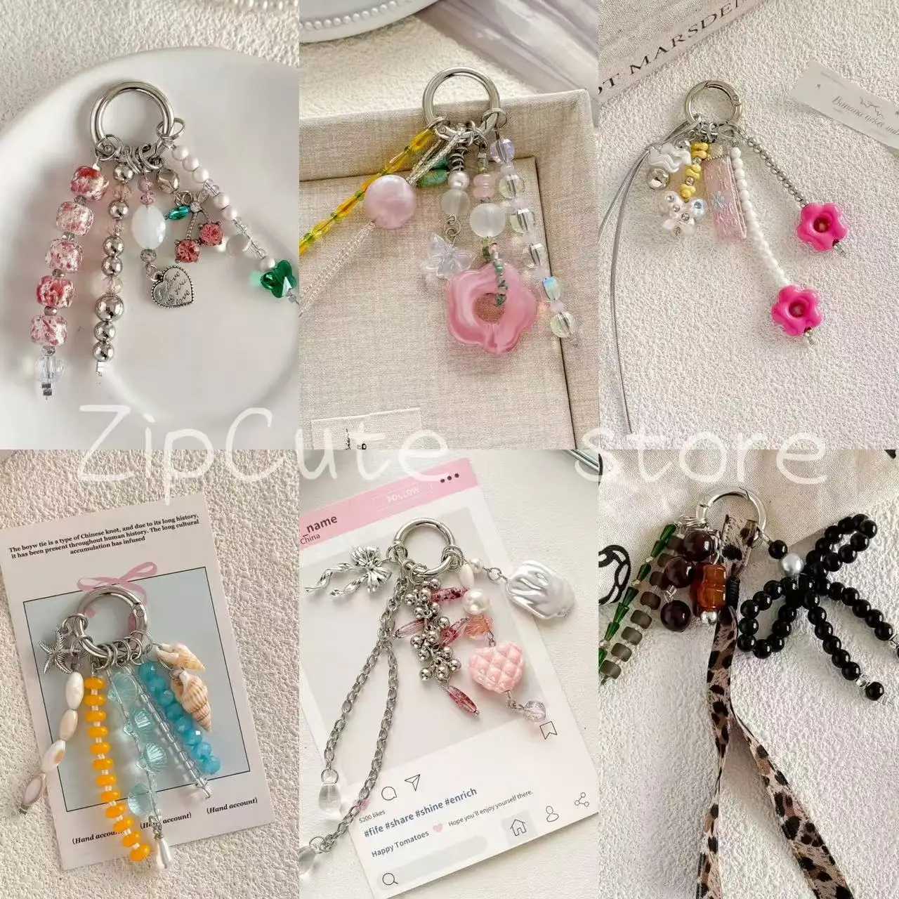 Light luxury style crystal cherry dopamine colored beaded flowers small fresh lily of the valley butterfly marine shell miu leop