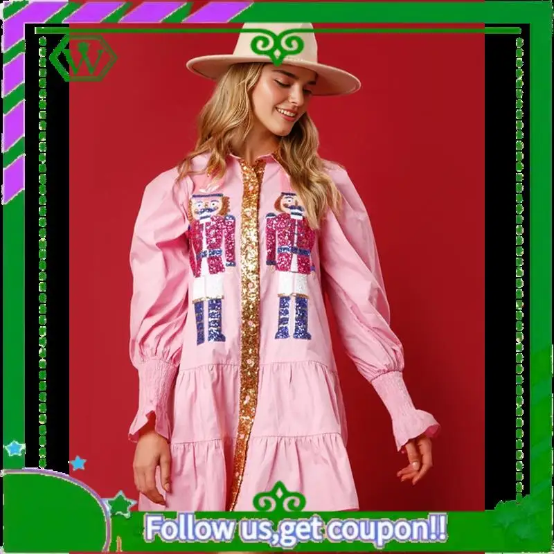 A18P-Damenkostüm Nussknacker Hemdkleid Urlaub Weihnachtsmann Sweatshirt Pullover Minikleid