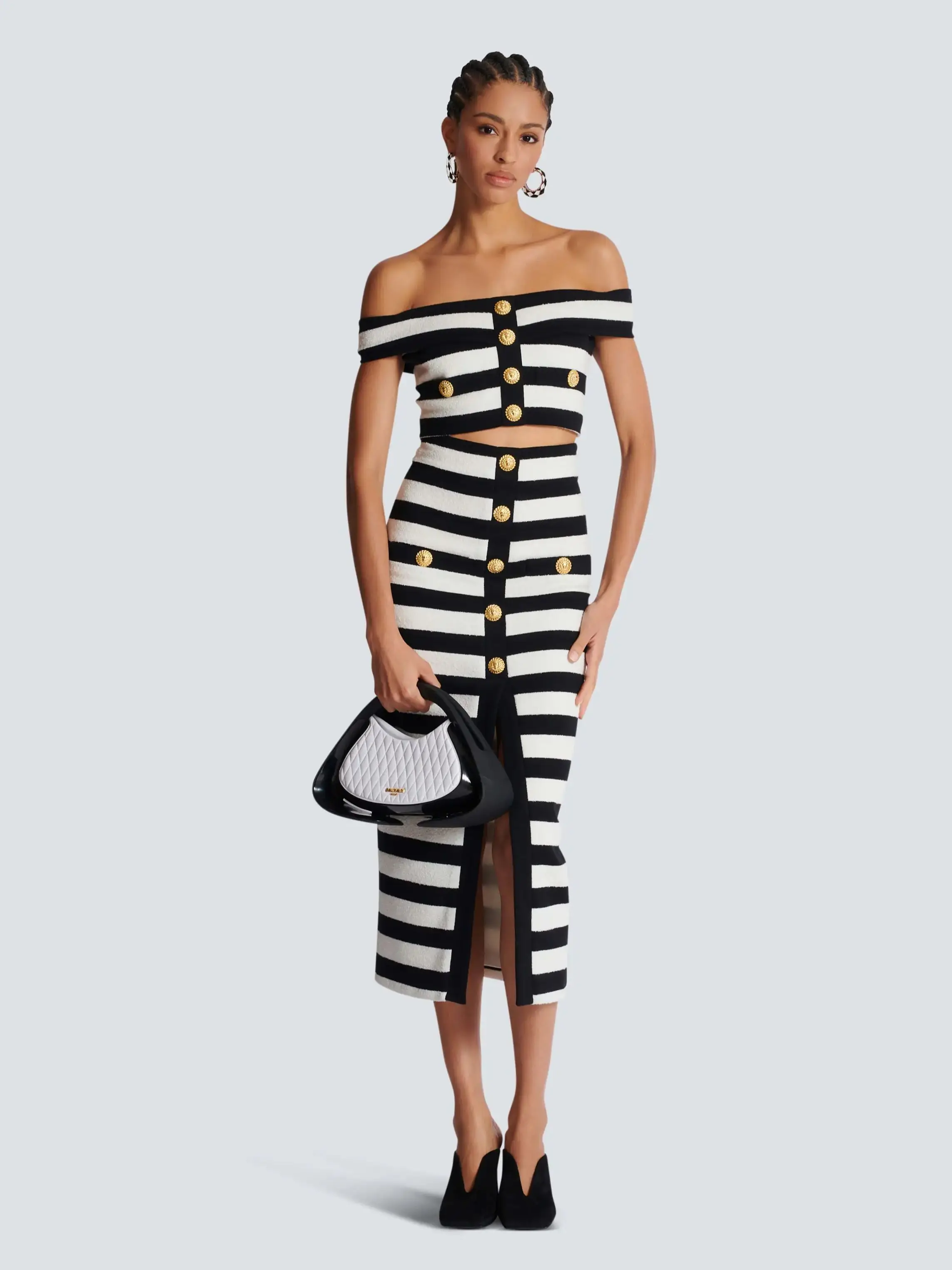 New Women 2024 Celebrity Sexy Striped Jacquard Long Bandage Skirt Suit Knitted Elegant Evening Club Party Two Pieces Set