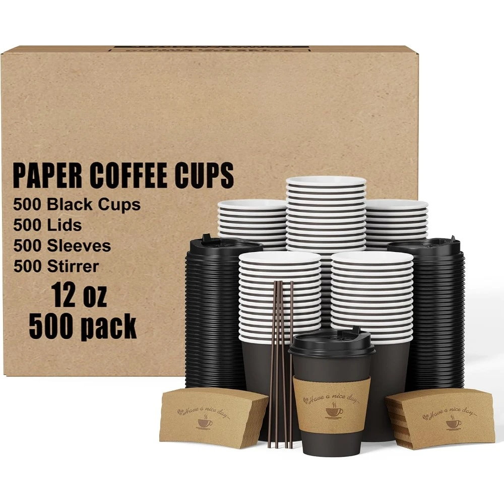 

500 Pack 12 oz Disposable Coffee Cup with Lids, Sleeves, and Stirring Sticks, Black To Go, Coffee Cups