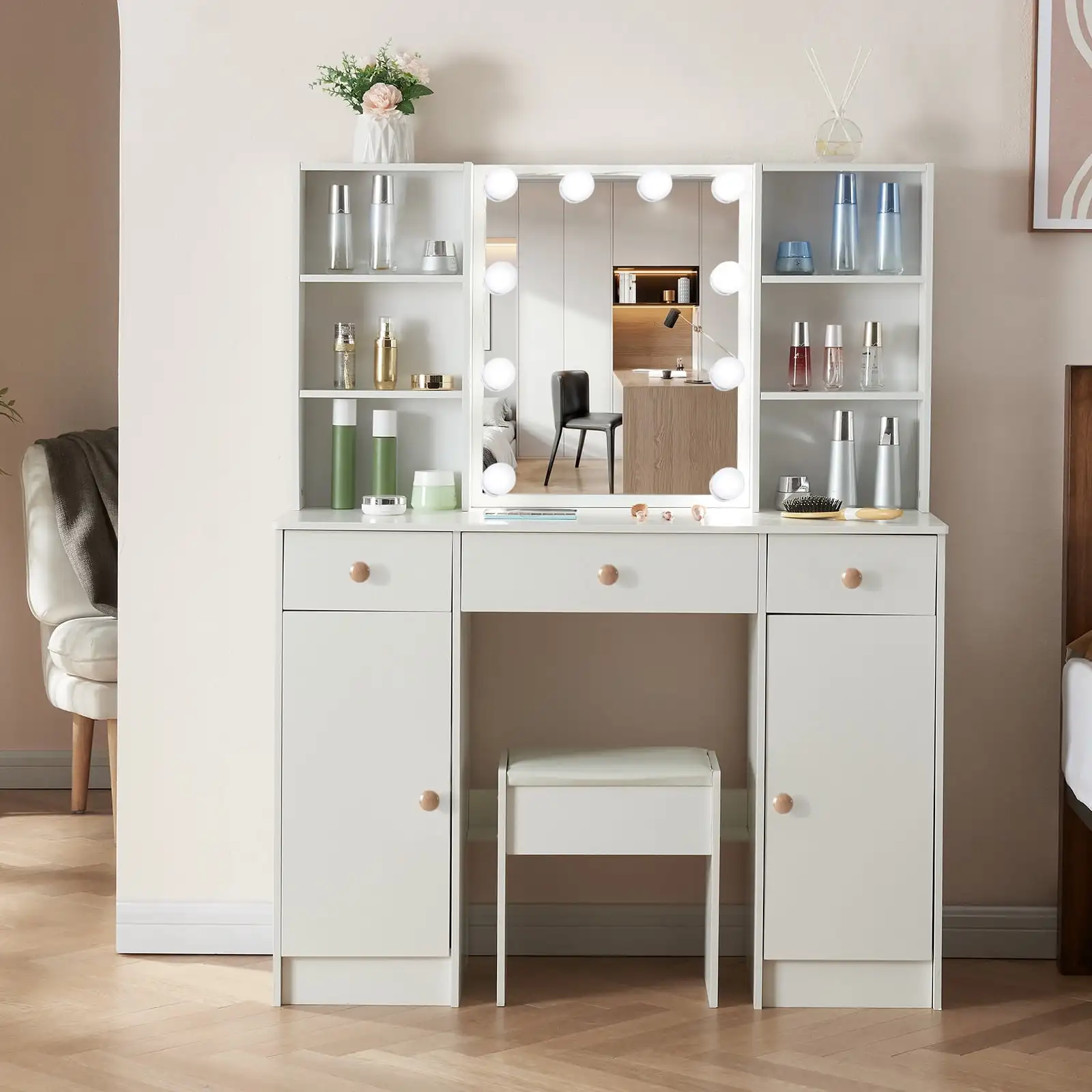 

Vanity Desk Set w/ Lighted Mirror & Stool, Modern Makeup Table with 3 Drawers and 6 Shelves for Girls Bedroom, White