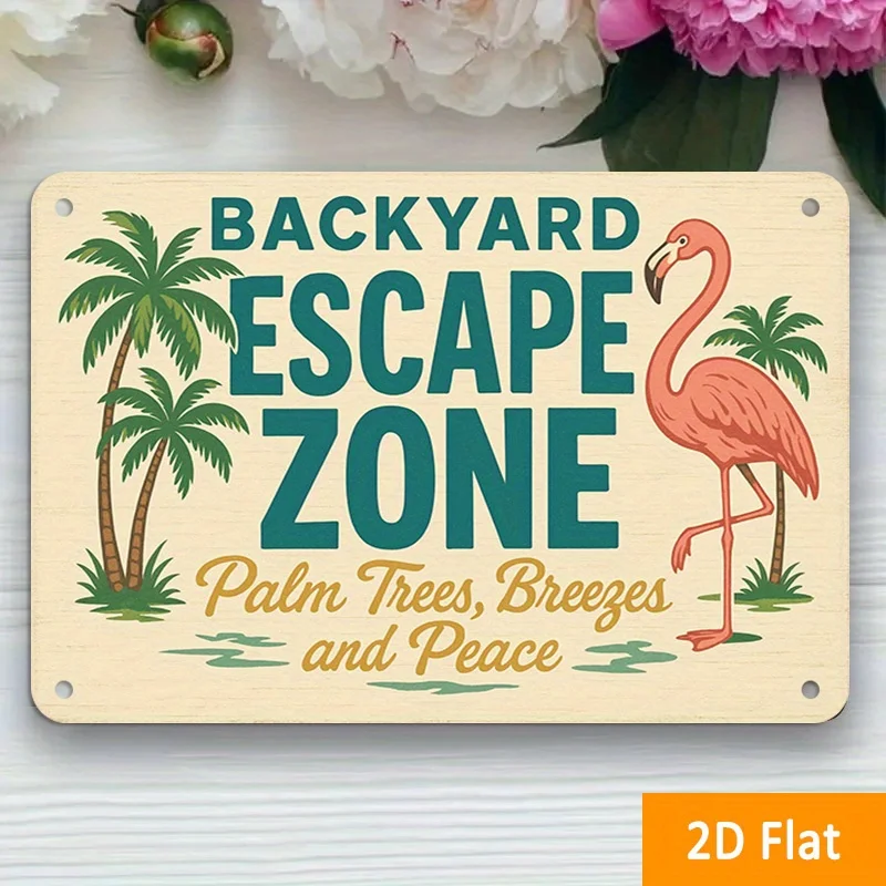 8x12 Inch Metal Wall Art 2D Flat Backyard Escape Plaque with Palm Trees, Breeze & Quiet Flamingo, Hanging Home Decor Metal Sign,