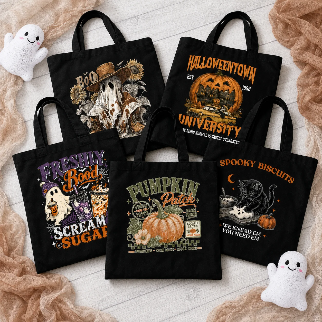 Women's Handbag Vintage Boo and Ghost Design Canvas Shopping Bag Spooky Season Fashion Halloween Shoulder Bag Gifts