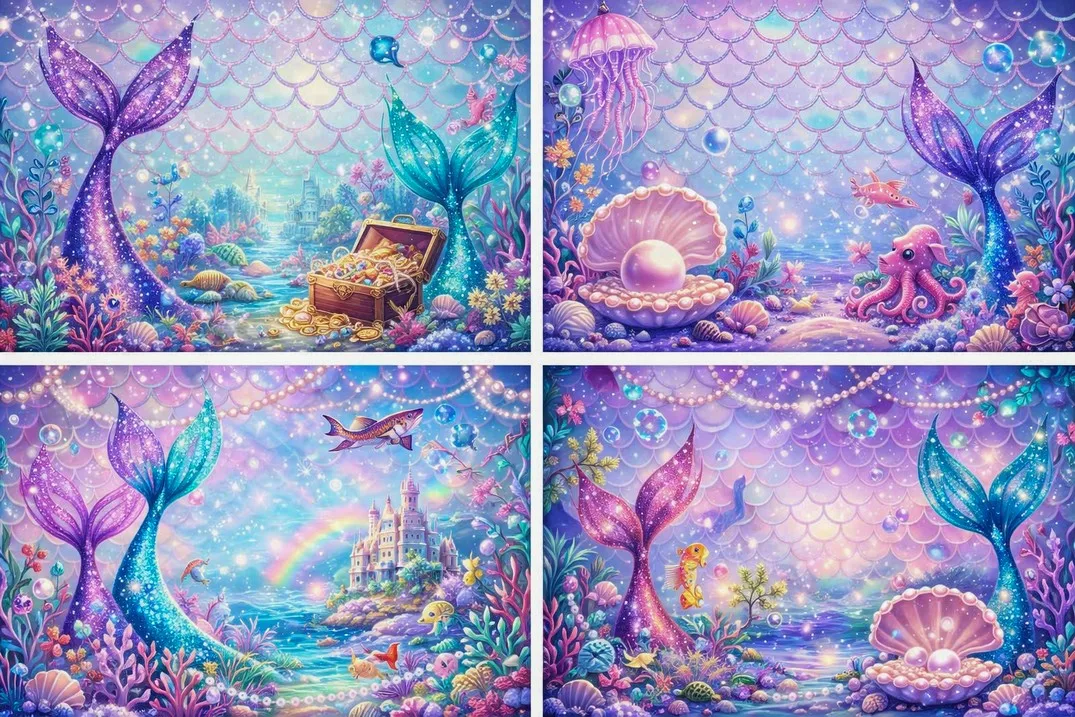 Fondos mágicos y coloridos de ensueño para estudio de fotografía: sirena subacuática, perlas de coral, tesoro, océano, fantasía.