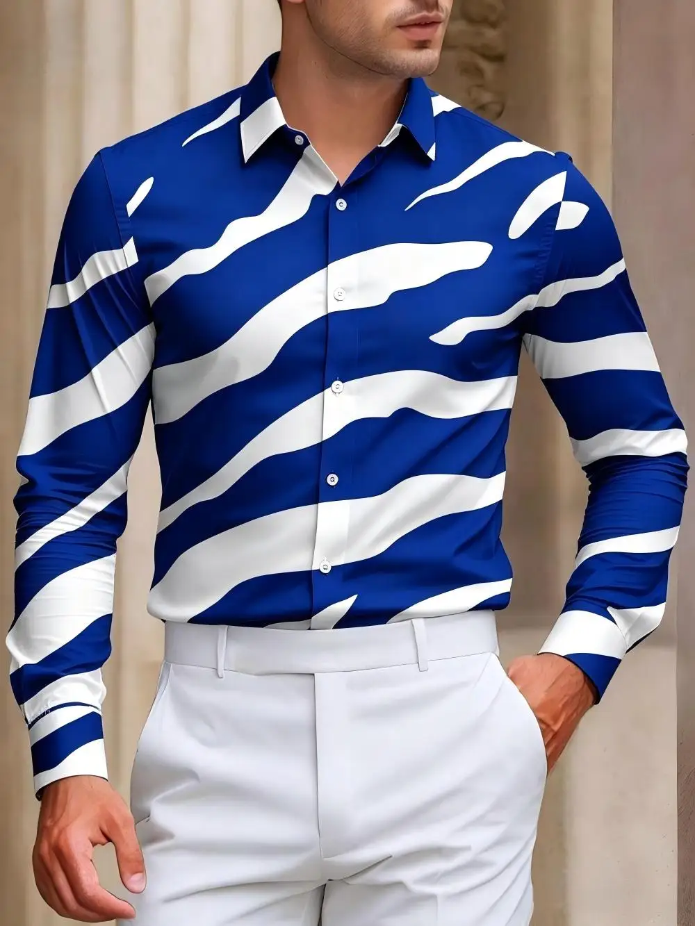 Modern‑Style Men Lapel Collar Shirt Cream Base Irregular Green Wave Print Polyester Long‑Sleeve Blouse