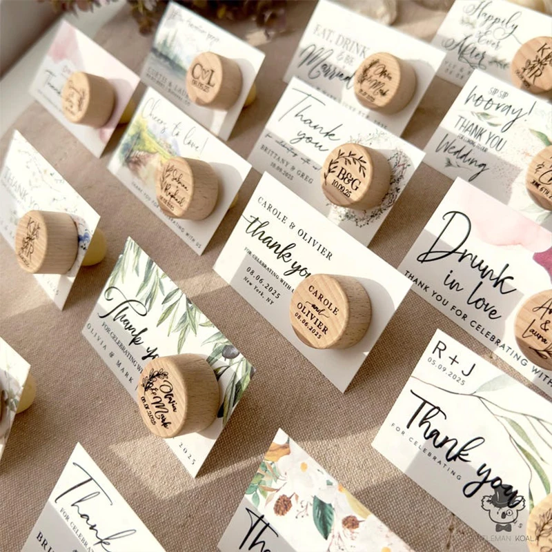 Bouchon de bouteille de vin en liège personnalisé avec carte de remerciement, cadeau souvenir personnalisé pour mariage, fête prénuptiale, invité