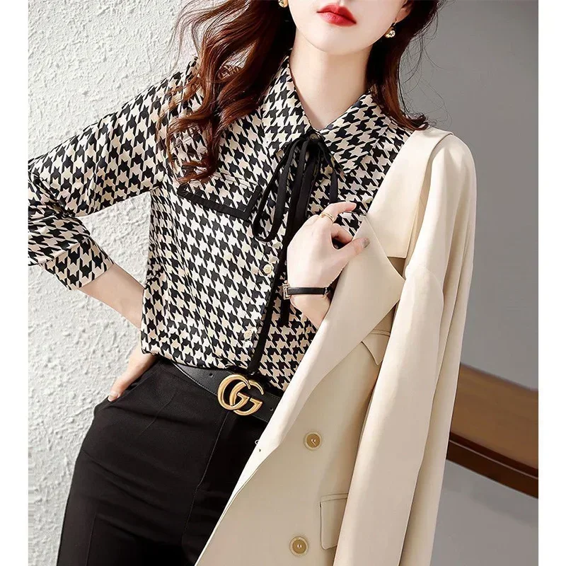 

Spring Autumn Elegant Fashion Houndstooth Print Lace Up Shirt Ladies Long Sleeve Temperament All-match Blouse Femme Cardigan Top