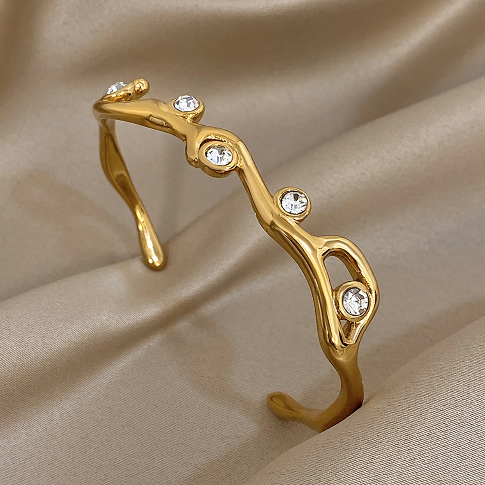 Stainless Steel Leavs Golden Zircon Open Cuff Bracelets Bangles for Women Vintage Waterproof Fashion Charm Wedding Jewelry Gift