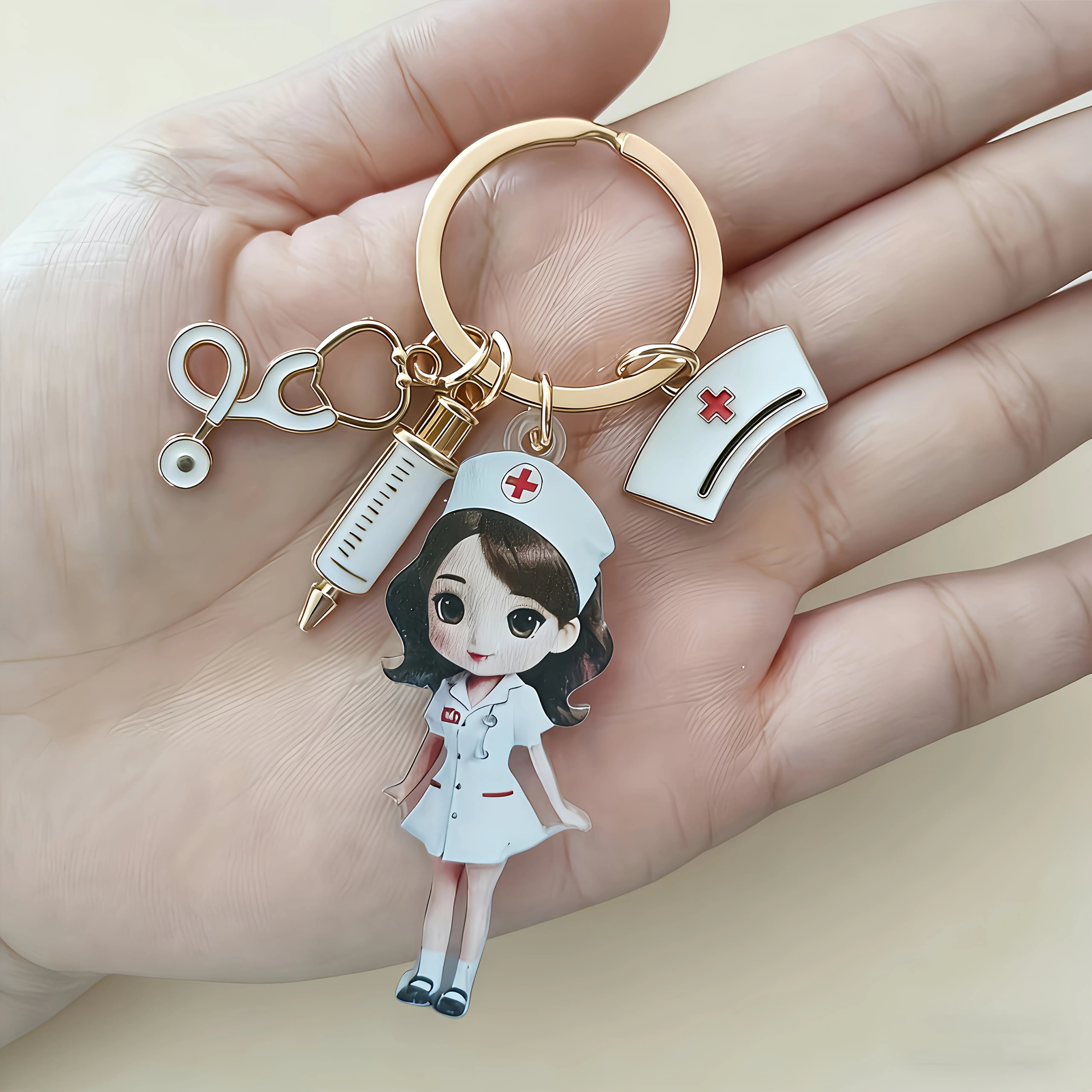 Cute Nurse Keychain – Sturdy Ferroalloy Charm with Stethoscope & Red Cross, Perfect Gift for Nurses,Backpacks, Car Keys & Purses