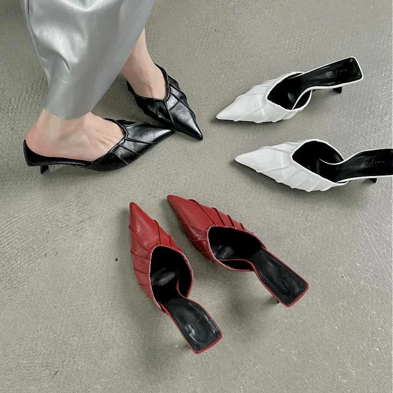 Pantoufles pointues plissées pour femmes, chaussures à bride arrière élégantes, diapositives peu profondes, mules à talons fins, escarpins, sandales pour femmes, mode