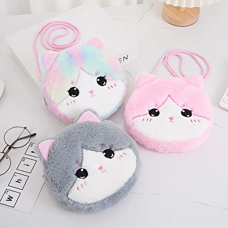 Kawaii Cartoon Cat Crossbody Bag Single Shoulder Bag Girl kids Cute Plush Round Zero Wallet 2024 New