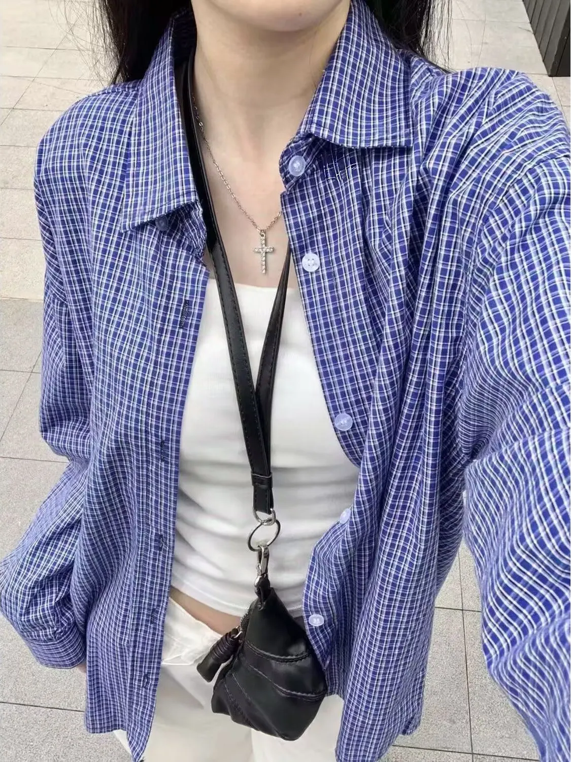 

Blue Plaid Loose Women's irt Sun Protection Early Autumn 2025 New Sle French Sle Long Sve Collar Cardigan