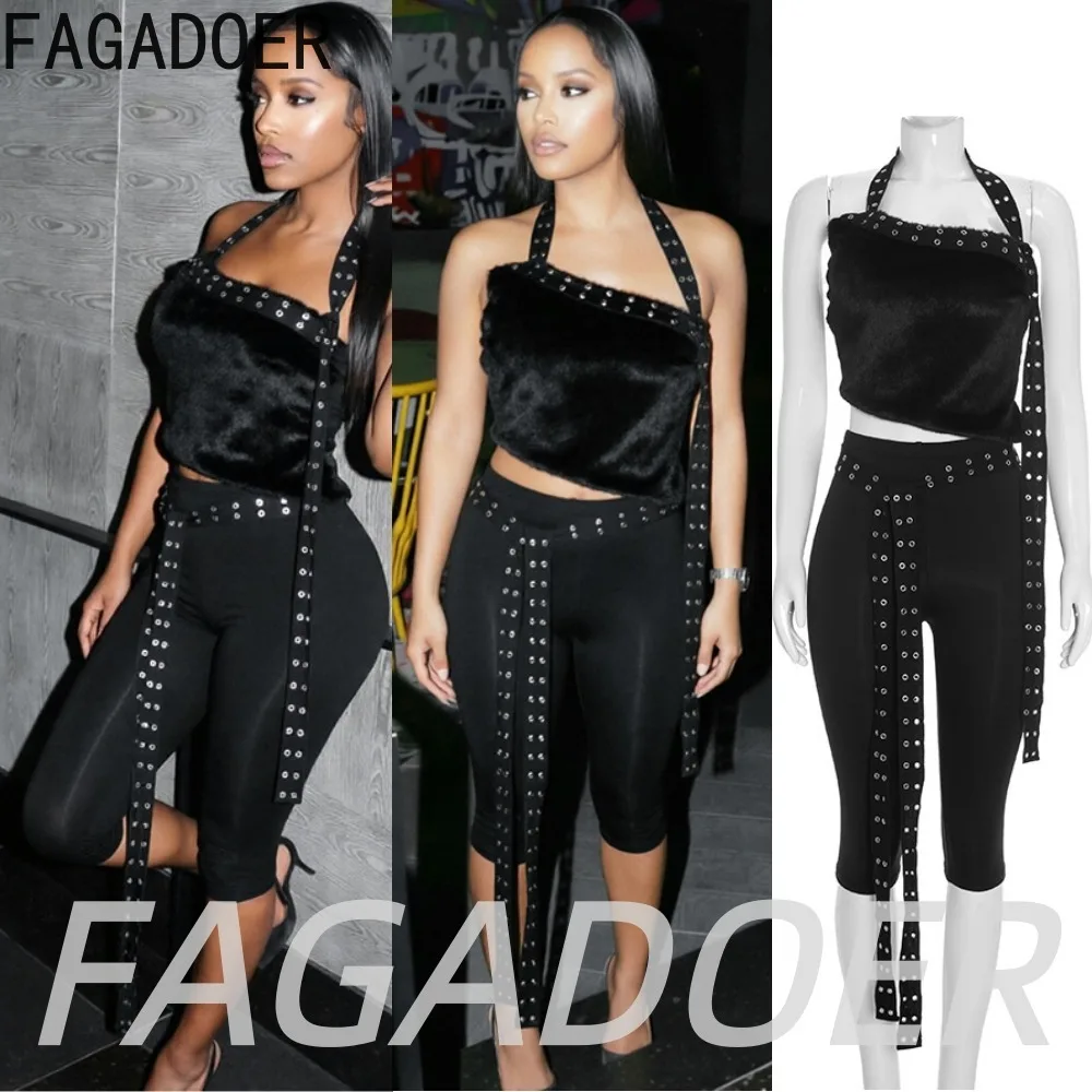 FAGADOER Punk Metal Eyelet Shorts 2 Pcs Sets Y2K Women Streetwear Fur Patchwork Halter Crop Top + Bandage Bodycon Shorts Outfits