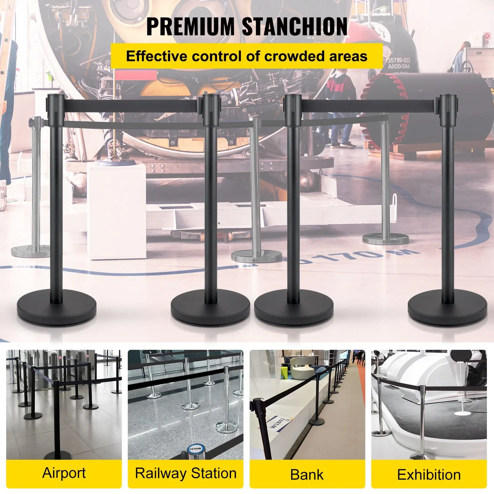 Crowd Control Stanchion, Set of 4 Pieces Stanchion Set, Stanchion Set with 6.6 ft/2 m Black Retractable Belt, Black Crowd