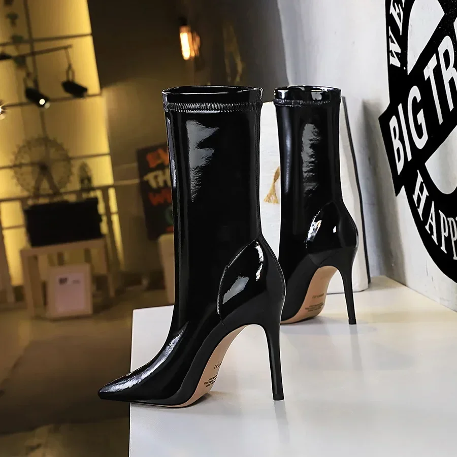 BIGTREE Shoes Stiletto Pointed Toe ANKLE Boots Black Patent Leather Sexy Thin High Heel Boots Winter Boots Pole Dancing