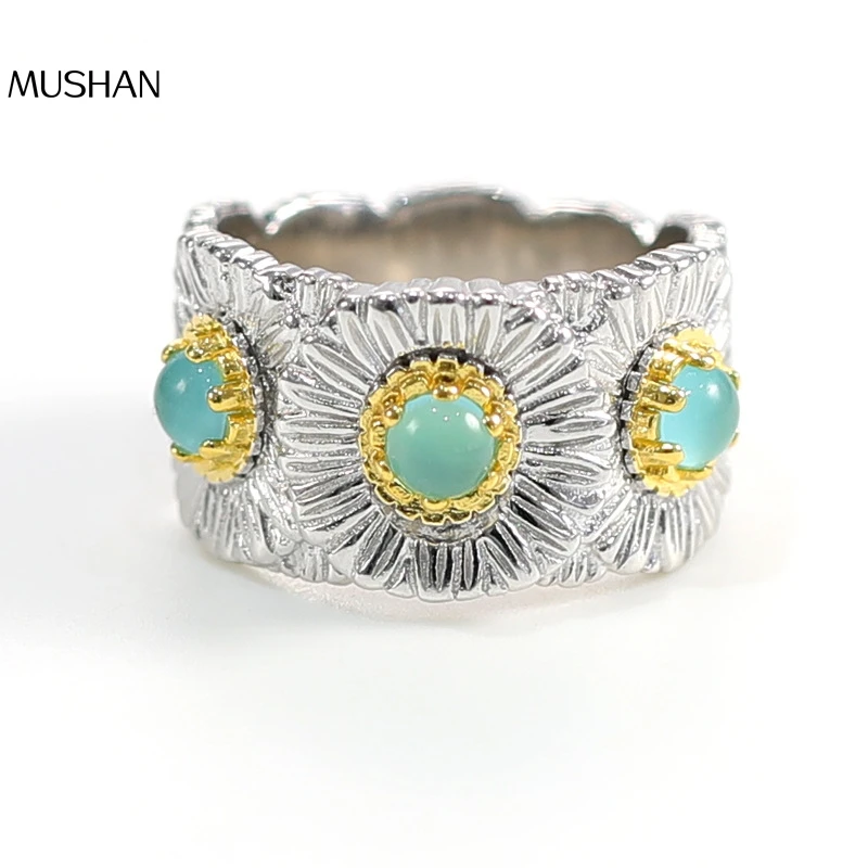 

MuShan Luxury Brand 18k Gold Plated Blue Agate Daisy Flower Ring Brushed Gold 925 Sterling Silver Rings Fine Jewelry