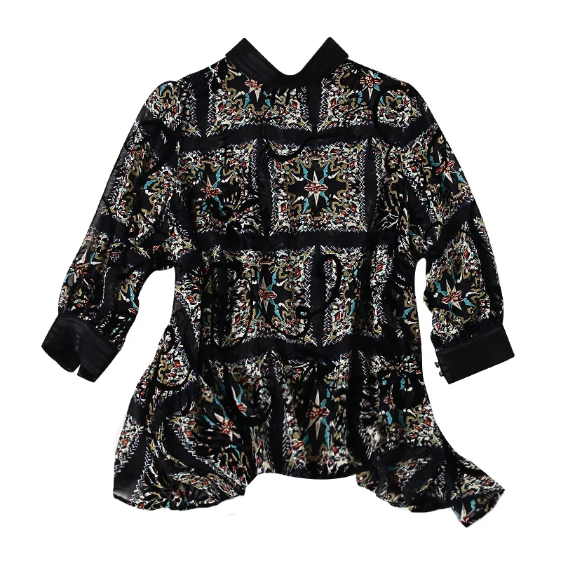 

Loose Printed Chiffon Top Seven Sve Women's Faion Spring Summer New Sle Floral Pattern Stand Collar Casual Ele