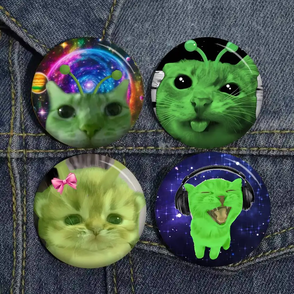 Cute Green Alien Cat 32/44/58mm Round Cartoon Brooches Handmade Pins for Backpack Jewelry Accessories Gifts Creative Badge