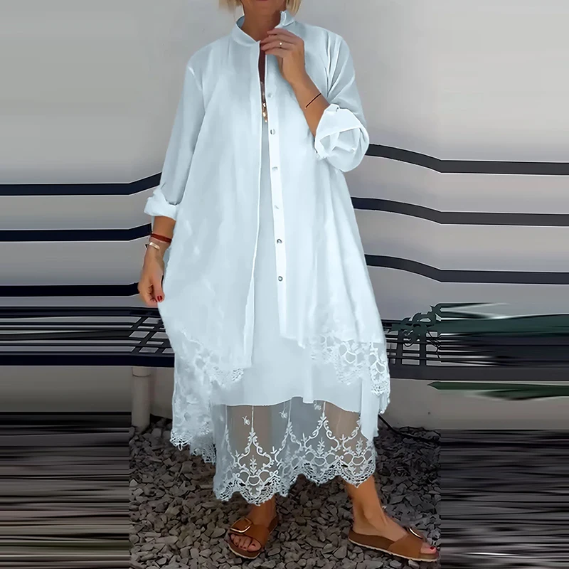 

Lace Patchwork Loose Party Suit New Spring Elegant Solid Outfit Casual Women's Long Sleeved Cardigan + Long Dress Two Piece Set