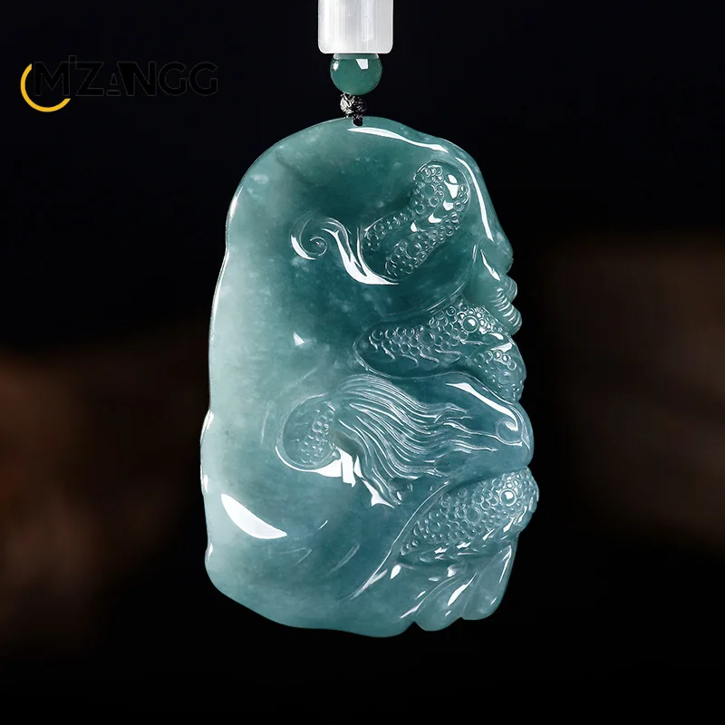 Natural Jadeite Blue Water Divine Dragon Protecting Its Master Pendant Hand-Carved High-End Ice-Type Jade Necklace Unisex Gift