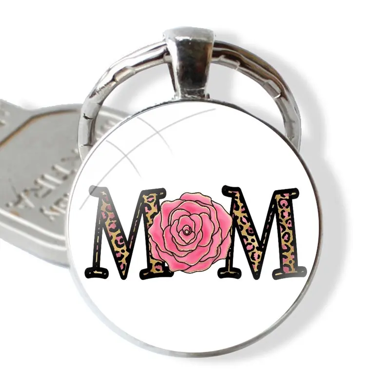 Keychain Handmade Glass Cabochon Key Ring Holder Pendant Key Chains Leopard MAMA Mom Letters Love Mama Girl