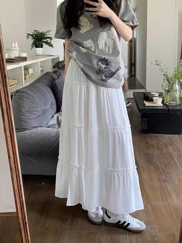 

Летняя тонкая нежная белая женская юбка миди с завышенной талией, утягивающая, длинная, в корейском стиле, с вышивкой, свободного кроя