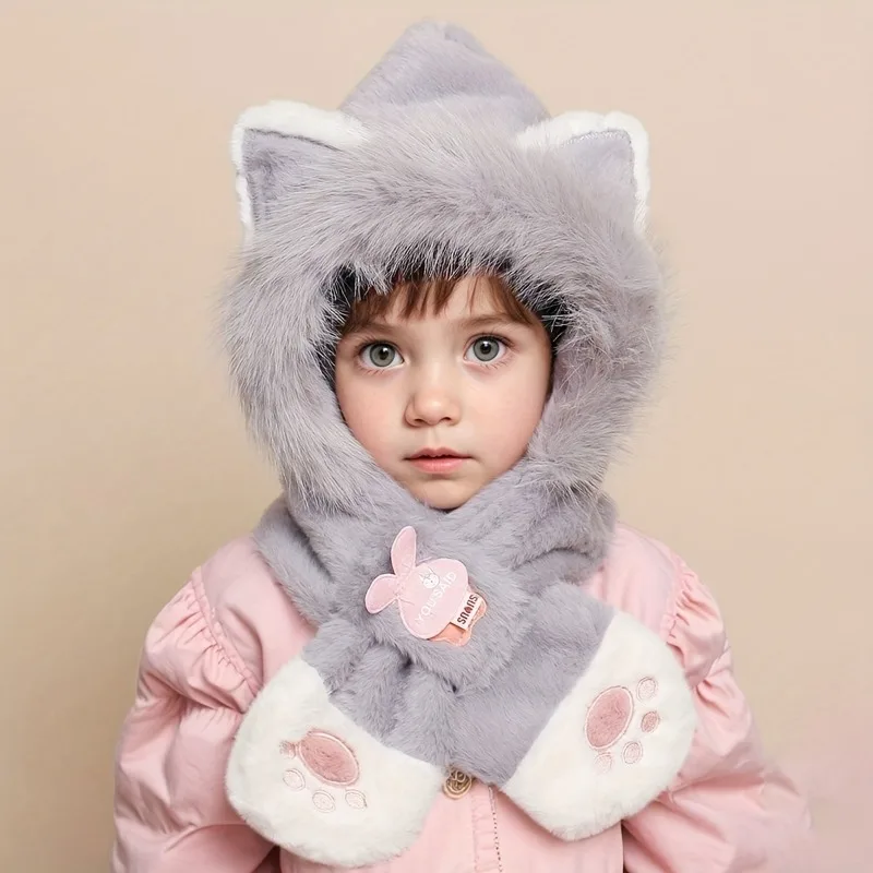 الشباب لطيف القط الأذن الشتاء أفخم سميكة الأذن والرقبة حماية اليومية الدافئة القط باو التطريز قبعة ووشاح كومبو