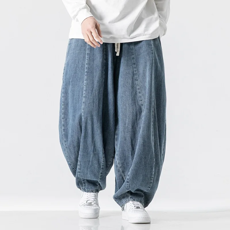 Vintage Loose Harem Pants Men Hip Hop Denim Wide Leg Pants Mens Solid Color Straight Streetwear Jeans Elastic Waist Trousers Man