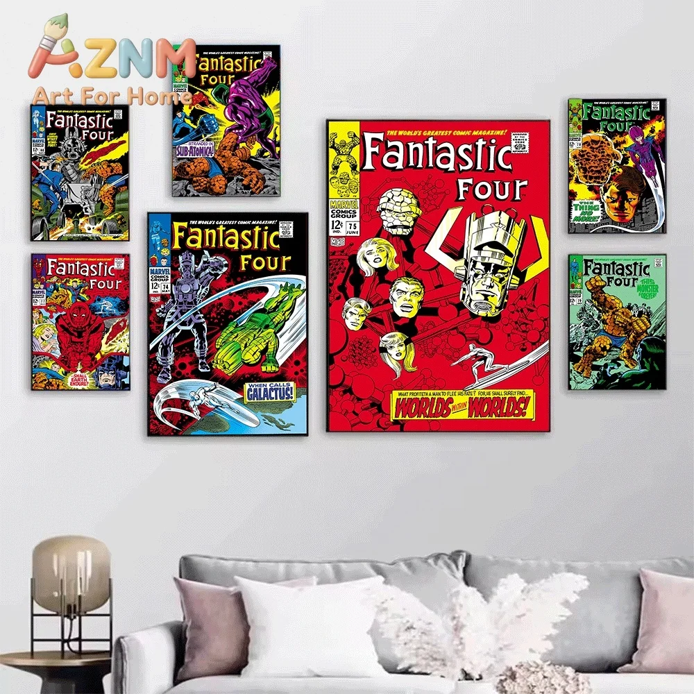 AZNM Fantastic Four Sizzling Big Action Issue Vintage Comic Cover Collage Canvas Wall Art Unframed Print, Superhero Poster for
