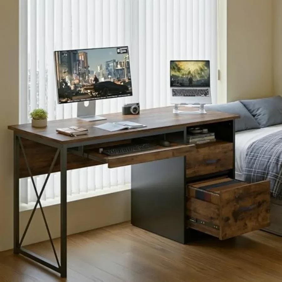 Home Office Desk with Drawers, 55 Inch Industrial Computer Desk, Wood Material, Rustic Brown Color, Includes Keyboard Tray and