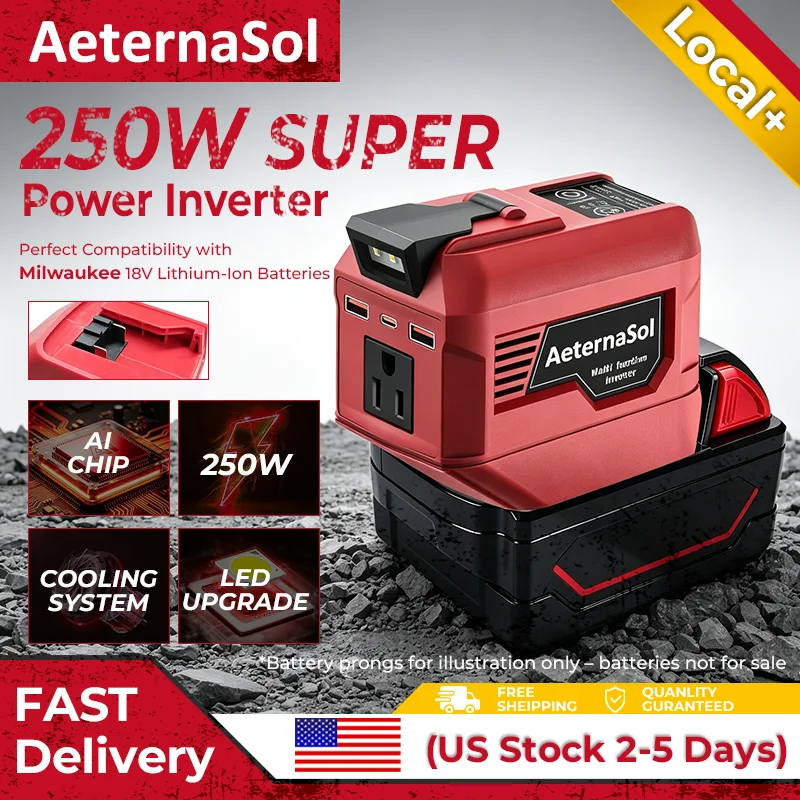 (US Stock 2-5 Days) AeternaSol 250W Power Inverter For Milwaukee M18 18V Battery 48-11-1820 48-11-1850 48-11-1860 Portable Power Station 110V AC 500W Peak Surge QC3.0 USB 20W PD 20W Type-C LED Work Light Job Site Garage Automotive Emergency Backup