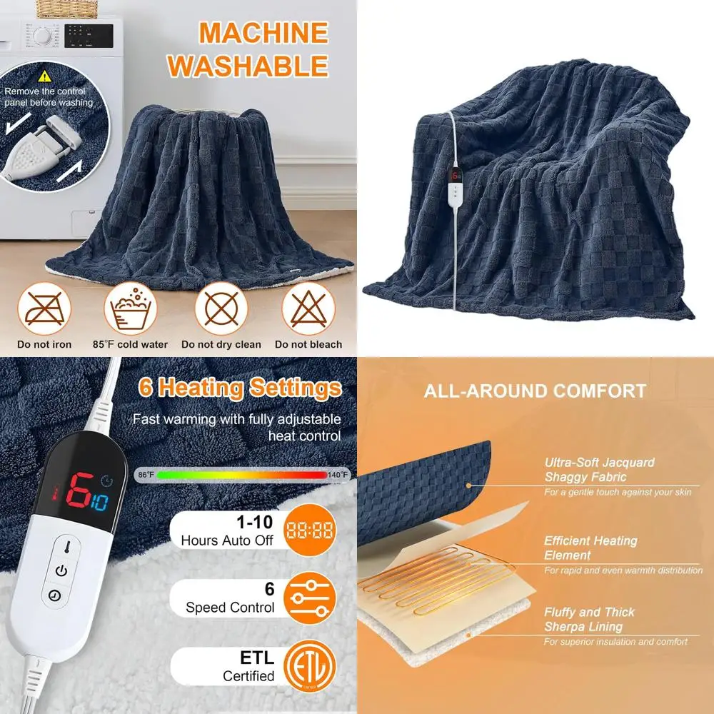 

Full Size Electric Jacquard Sherpa Blanket, 72x84, 6 Heat Levels, 10-Hour Auto Shut-Off, Overheat Protection, Navy Blue