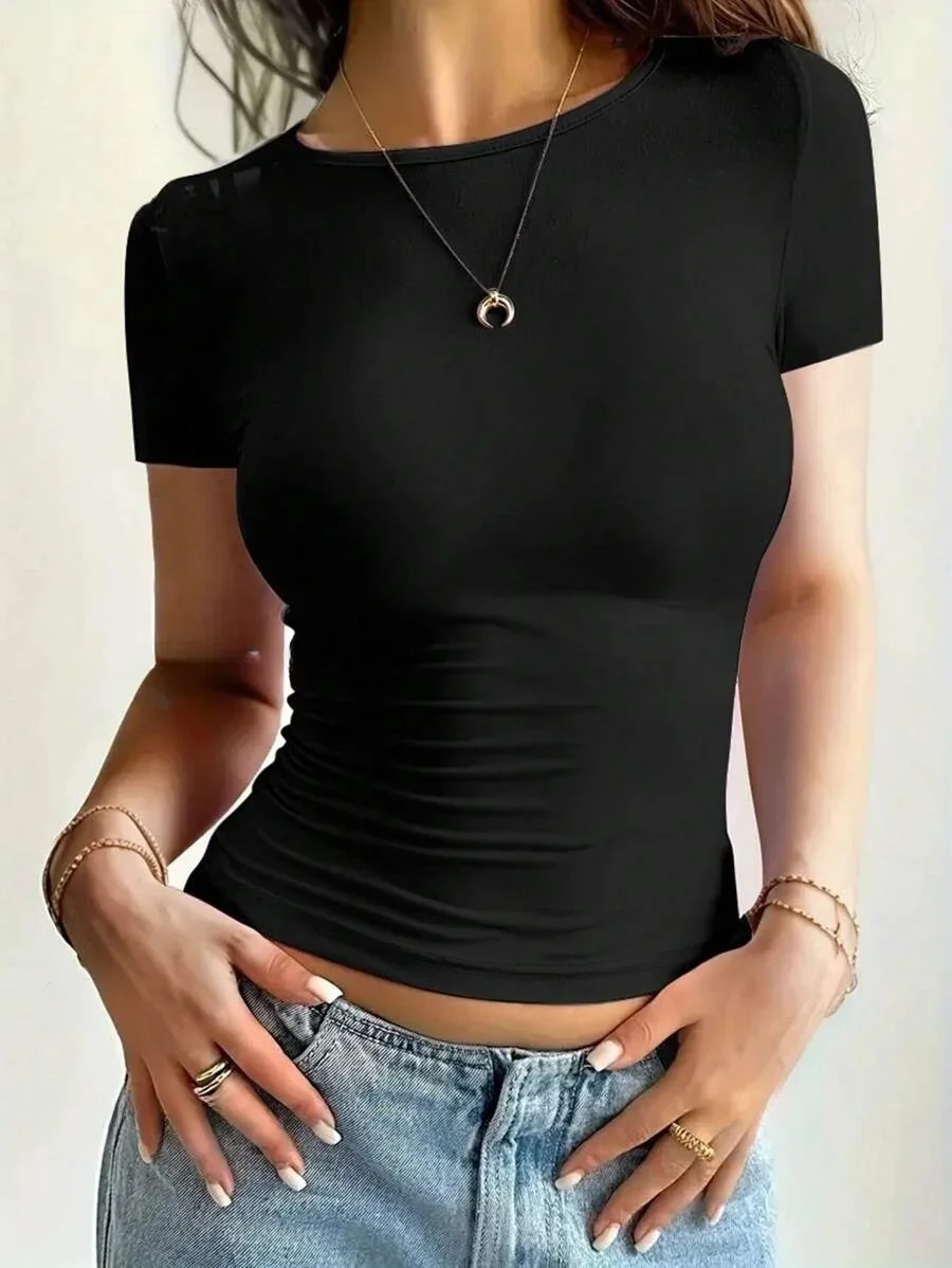 Womens Basic T-Shirts Scoop Neck Short Sleeve Crop Tops Cute Summer Tops Slim Fit Tees Y2k Clothing 2025