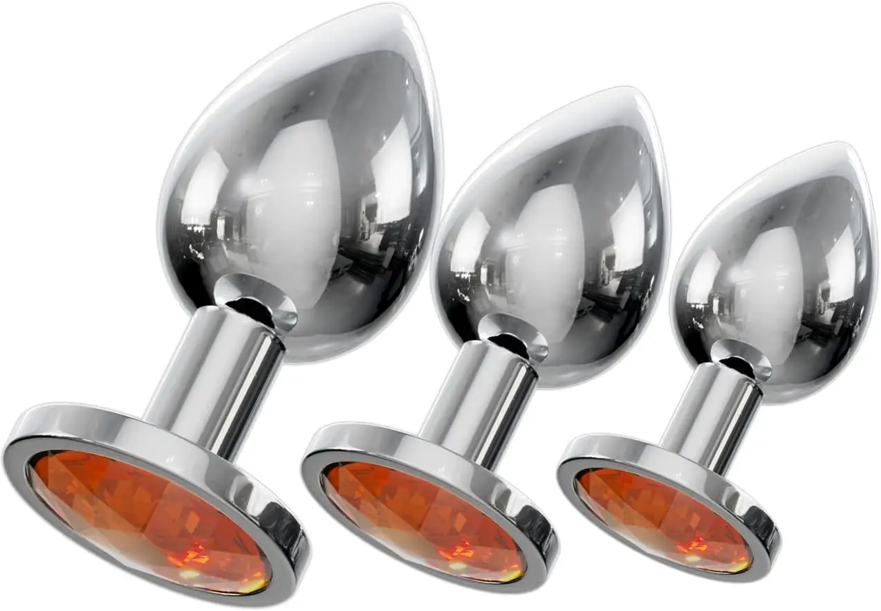 

Jewelled Butt Plugs by bed geek Stainless Smooth Metal Anal Plug Adult Sex Toys Velvet Bags 3 Size Pack (Round Orange)