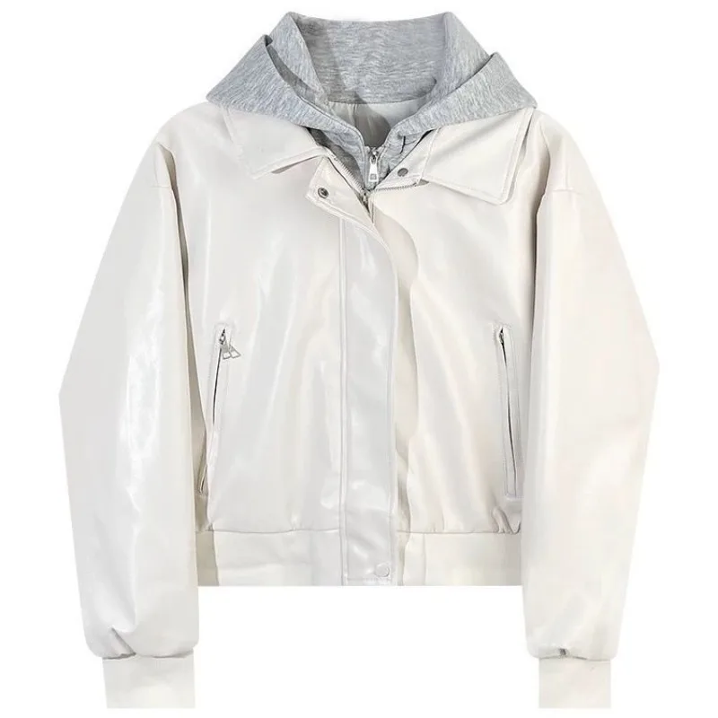 

Fashion Design sense Splicing Fake Two-Piece Hooded Jacket Women's 2026 Spring Versatile PU Leather Jacket Women's Jacket