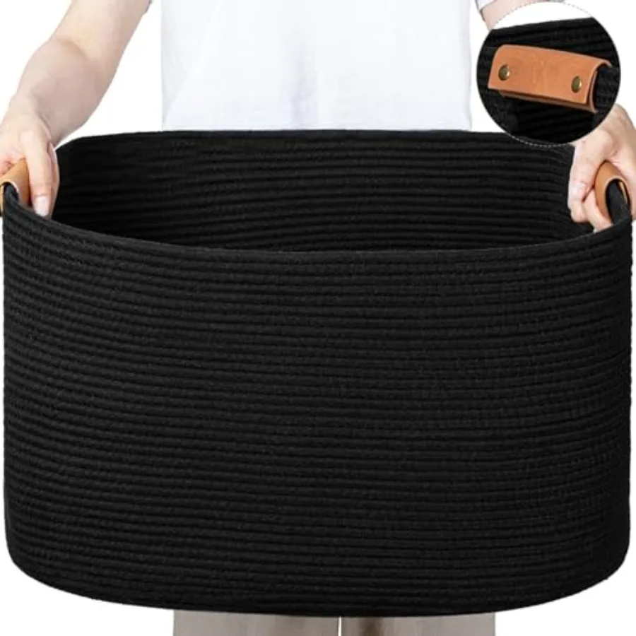 

Large Woven Basket 108 L Blanket Basket for Living Room Nursery Bin for Toys Organizing and Laundry Cotton Rope Hamper with Lea