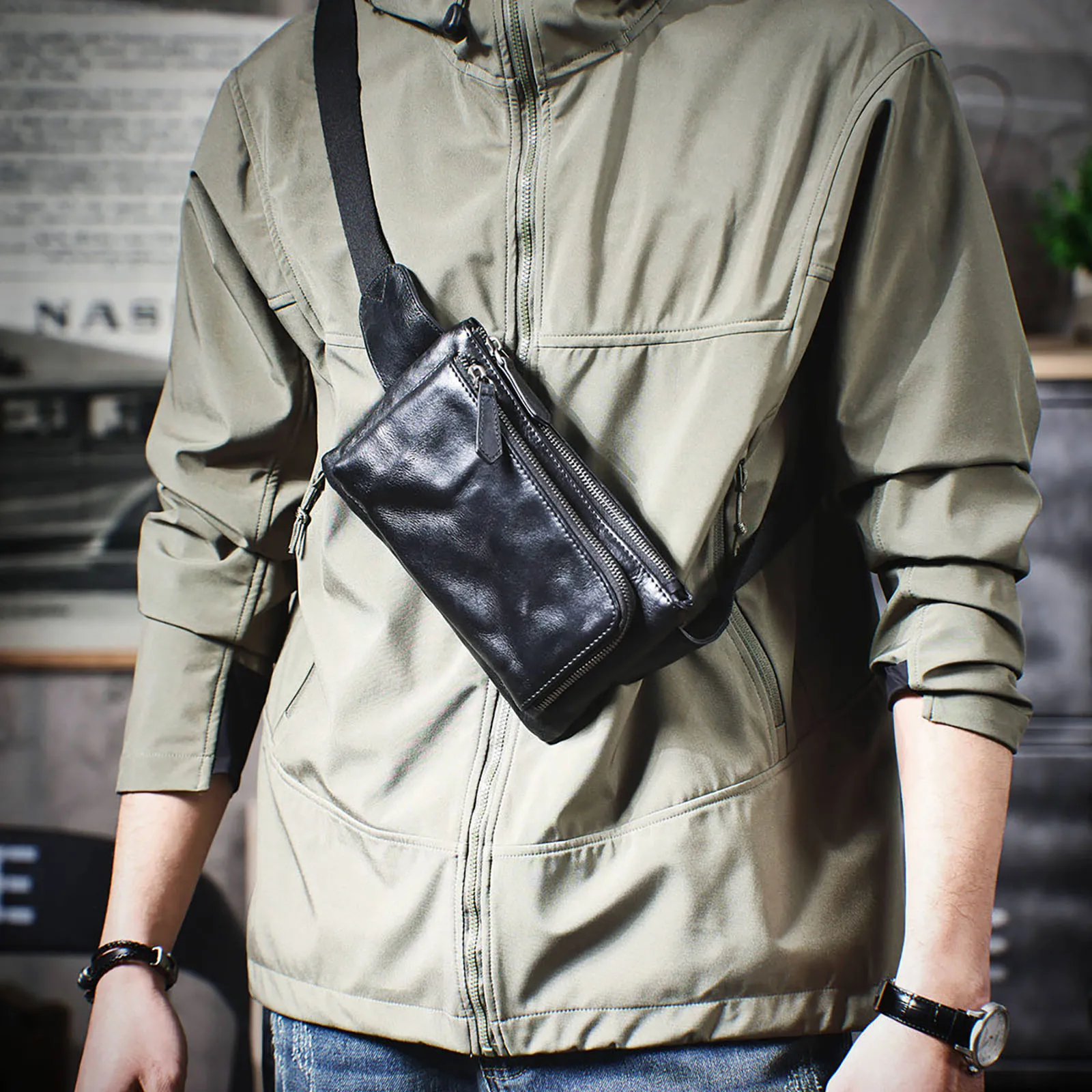 Echte Leder-Umhängetasche für Herren, Crossbody-Brusttasche im Schlichten, Modischen Stil aus Rindsleder, Hochwertige Leder-Freizeittasche – Detail 4