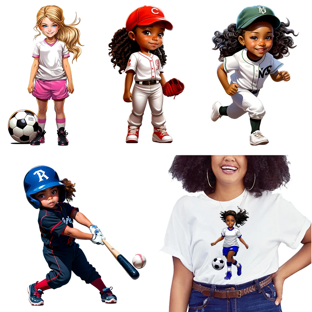 Afro Cute Sport Girl Football Baseball Sticker Heat Press American Afro Sport Kids DTF Transfers Ready To Press For Bags Hoodies