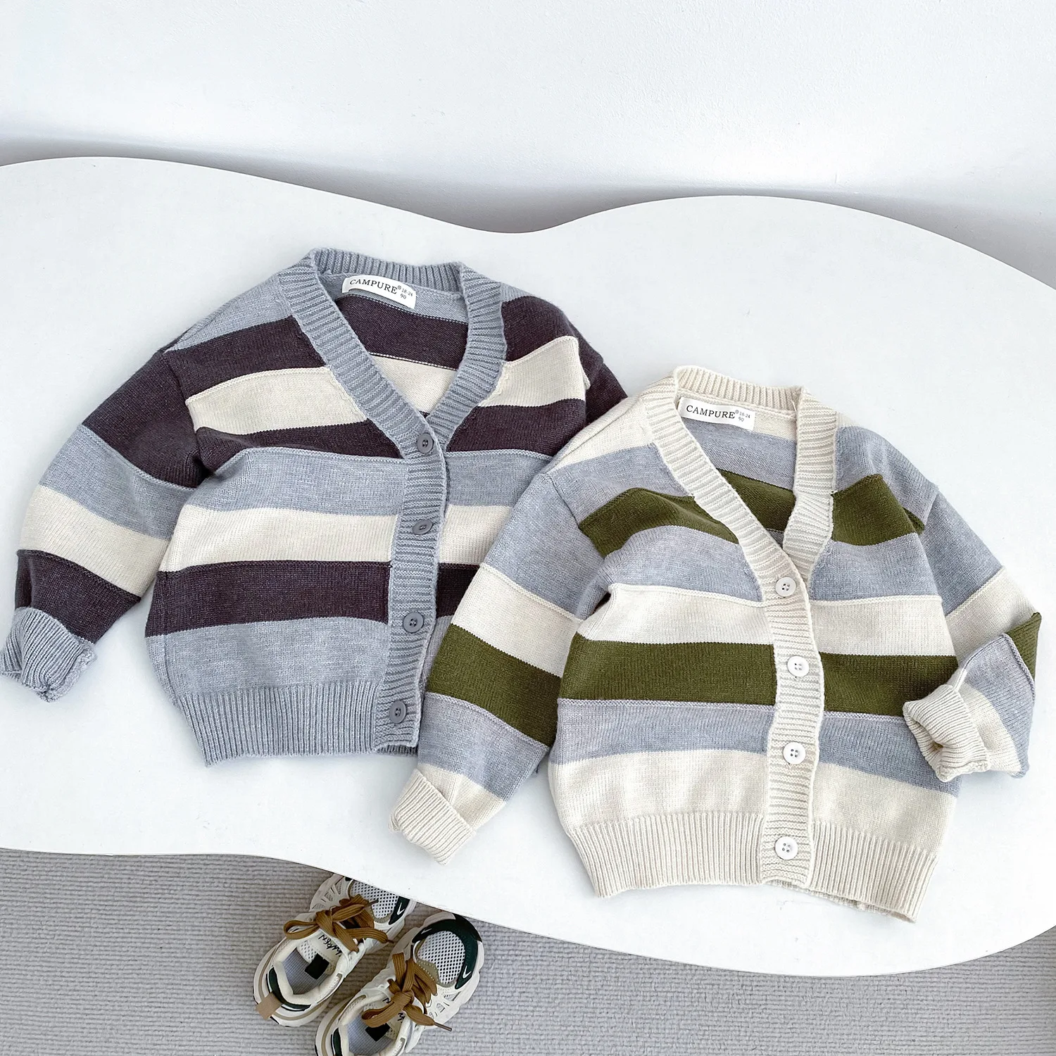 2026 Autumn New Children Long Sleeve Knit Coat Boys Girls Casual Striped Sweater Cardigan Cotton Baby Knitted Jacket