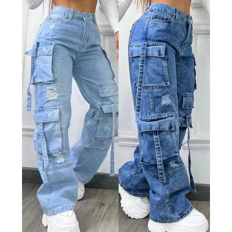 Denim Cargo Pants Women Jeans Multiple Pockets Elastic Waist 2026 Autumn Streetwear Casual Denims Washed Straight Trousers