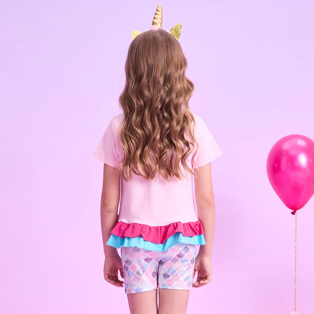 Mädchen Meerjungfrauen-Outfit-Set: Kinder Rüschen-Kurzarm-Baumwoll-Freizeit-Tops und Polyester-Shorts, 2-teiliges Set – Detail 4