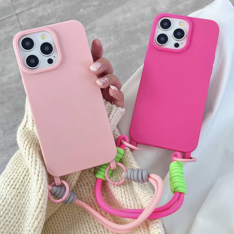 

Solid Color Large Hole Silicone Phone Case With Hanging Rope For iPhone 14 15 13 12 11 Pro Max X XS Max XR 14 15 Plus Soft Cover