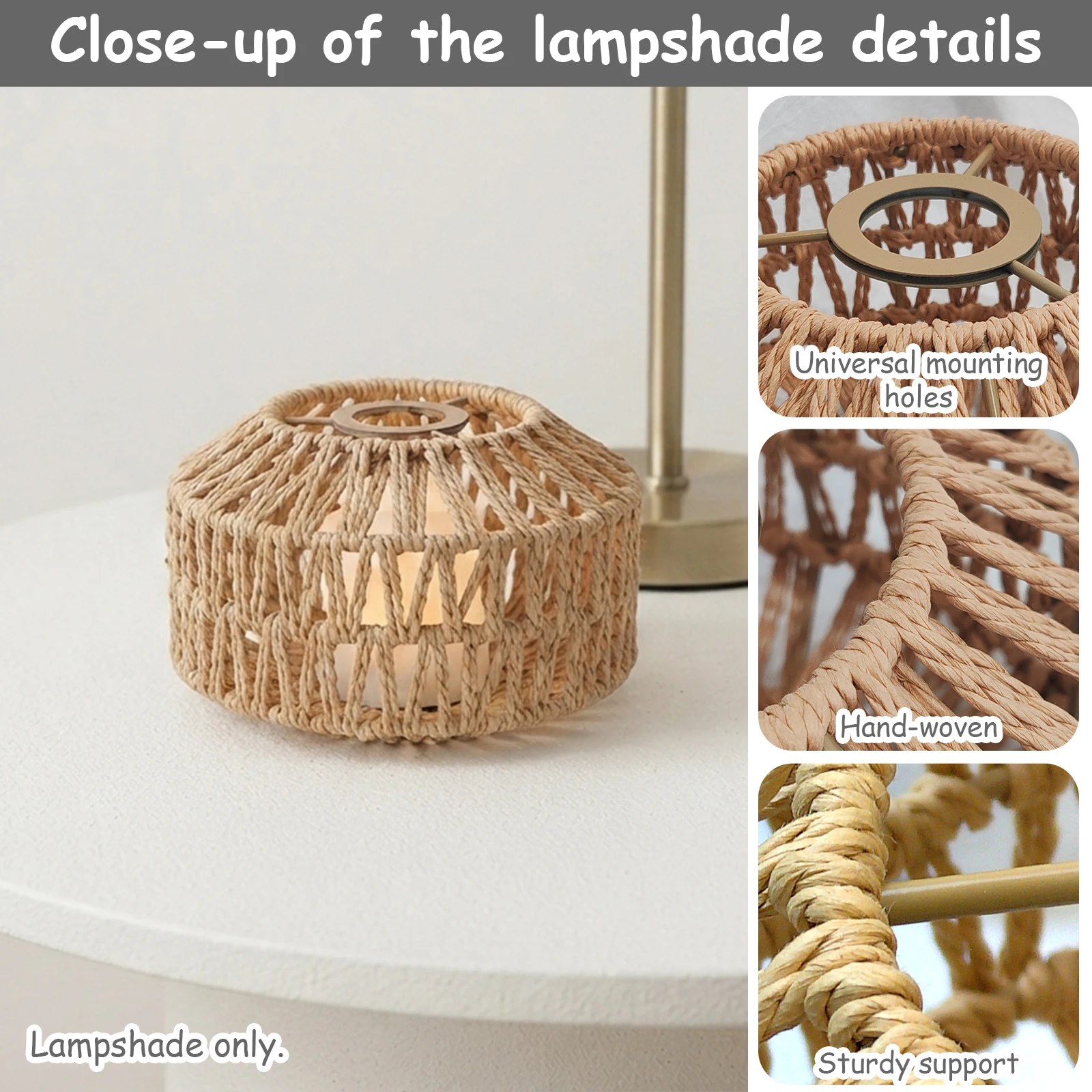 Natural Paper Rope Octagonal Lamp Shade, Hand‑Woven Hollow Shade for Pendant Fixture, Boho Decor for Bedroom Dining Hallway