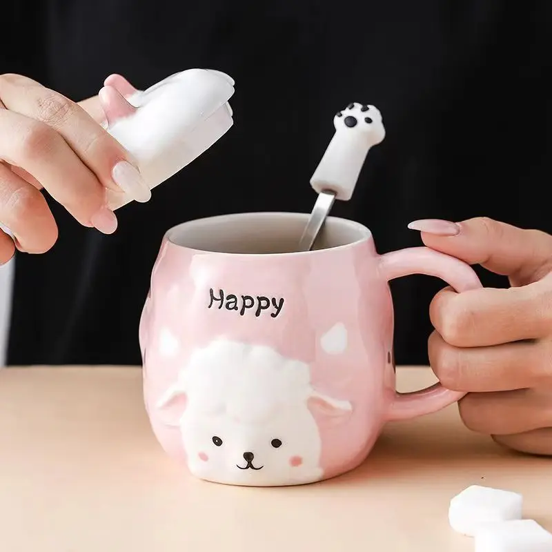 Cartoon Animal Sheep Ceramic Mug, Milk Cup, Coffee Cup, Milk Cup for Office, Home Hot Water Mug, Clear Class