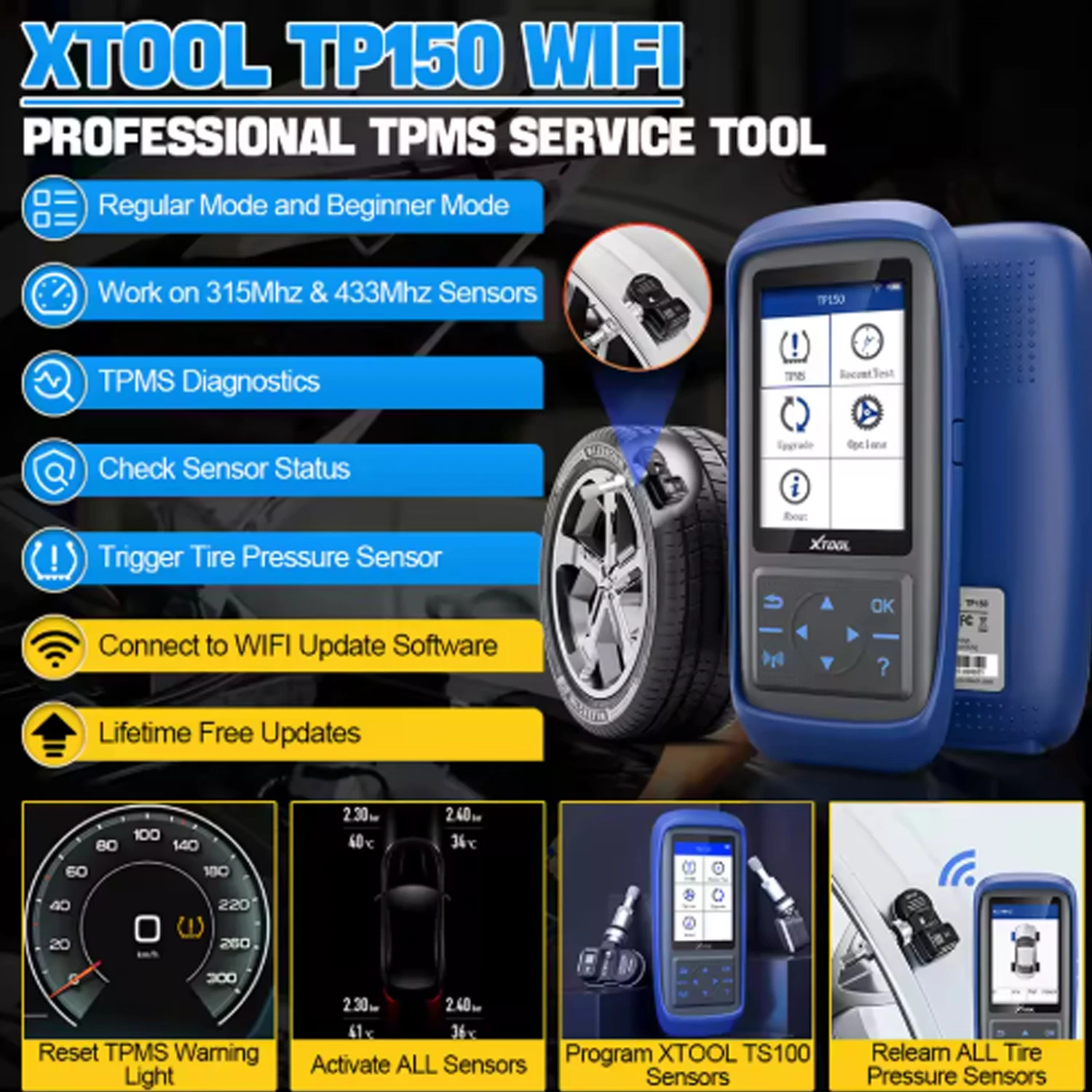 XTOOL TP150 TPMS Programming Tools For 315Mhz & 433Mhz Sensors Tire Pressure Reset Tool Sensor Activation Lifetime Free Update